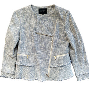 Lafayette 148 Owen Tweed Moto Jacket Sz 8 Blue White Asymmetrical Zip Peplum
